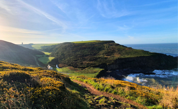 A path winds through rugged hills next to the coast